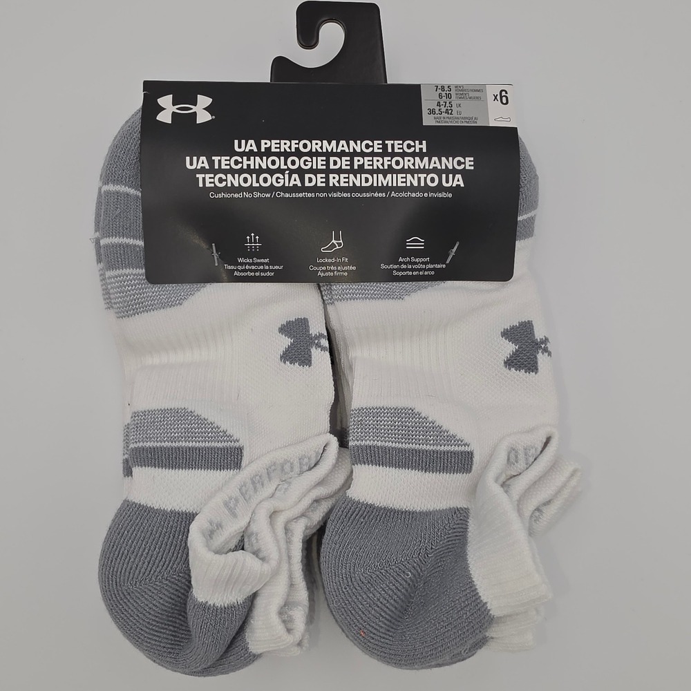 Under Armour Mens Performance Tech No Show Socks 6 Pk White Grey 1386243-100 NWT